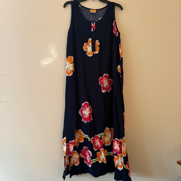 Dresses & Skirts - Navy Floral Hawaiian Sleeveless Maxi Dress Large Tropical Resort Beach